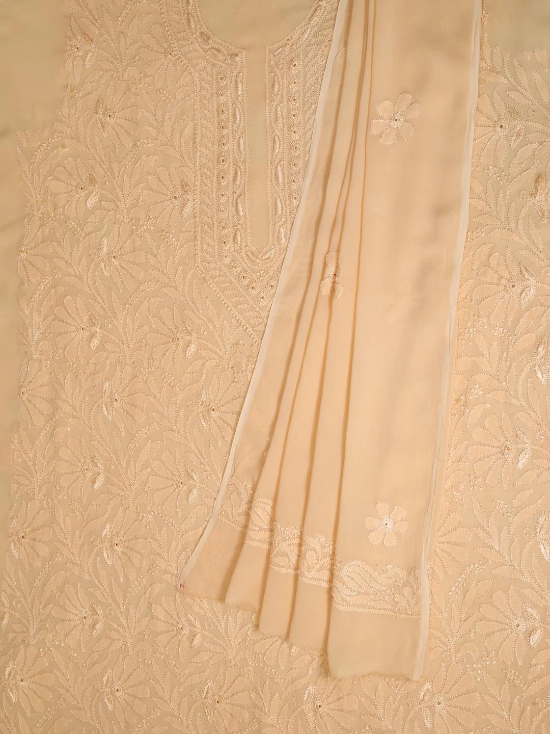 Ada Hand Embroidered Apricot Peach Georgette Lucknowi Chikankari Unstitched Kurta Dupatta Set 01A354564