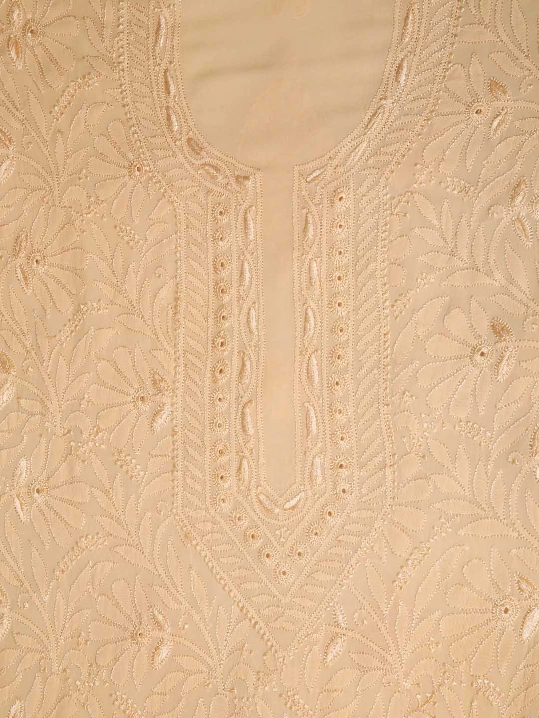 Ada Hand Embroidered Apricot Peach Georgette Lucknowi Chikankari Unstitched Kurta Dupatta Set 01A354564