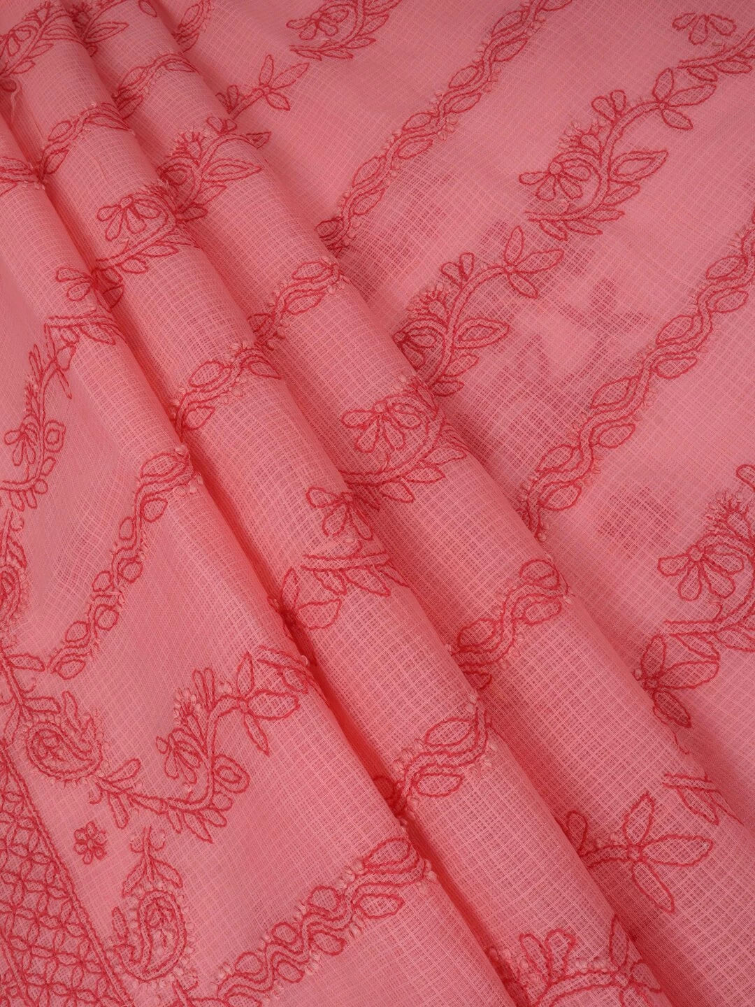 Ada Hand Embroidered Carrot Pink Kota Lucknowi Chikankari Unstitched Kurta Dupatta Set 01A127253