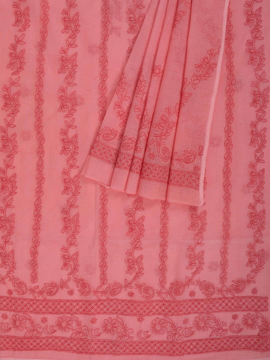Ada Hand Embroidered Carrot Pink Kota Lucknowi Chikankari Unstitched Kurta Dupatta Set 01A127253