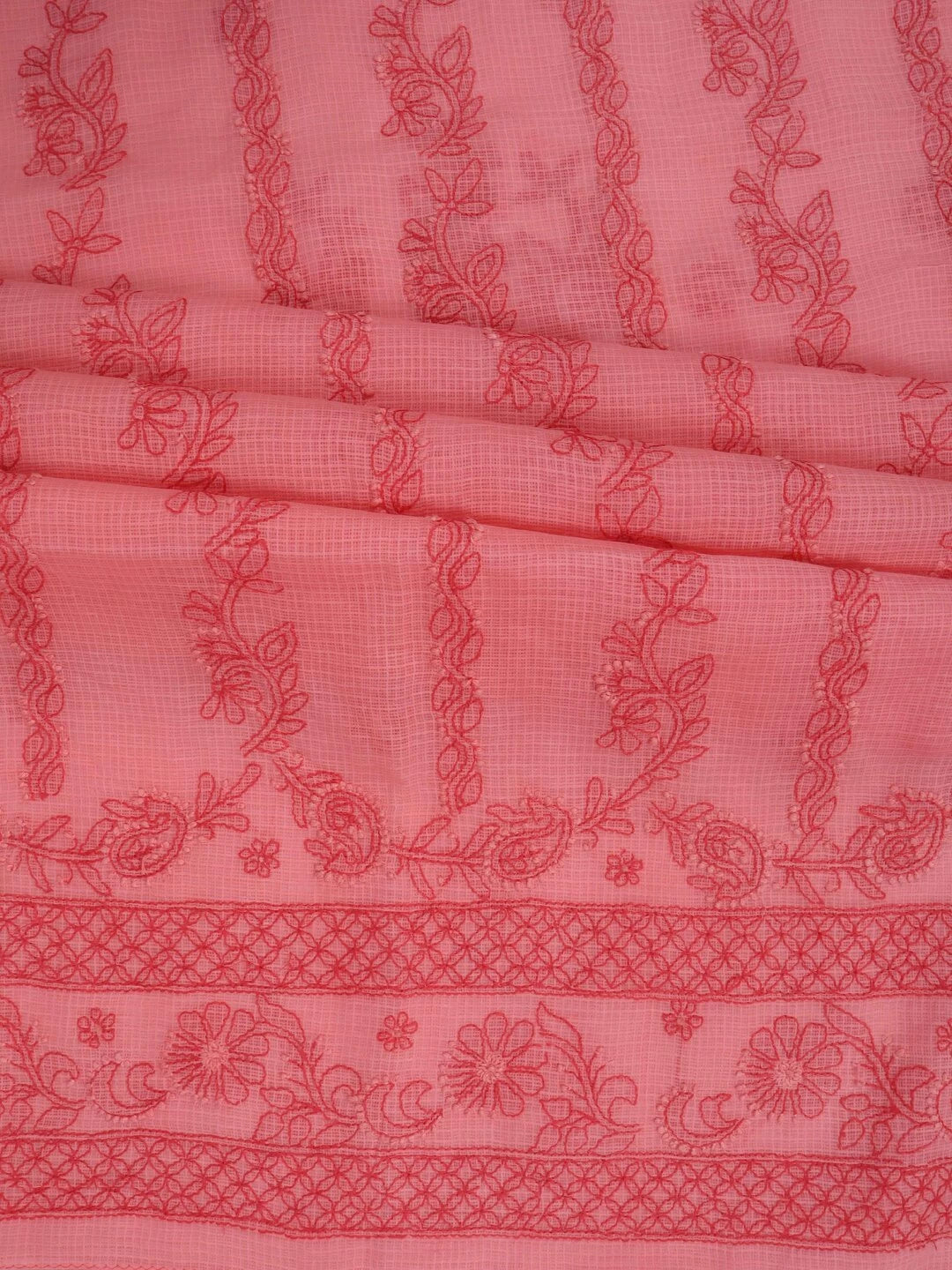 Ada Hand Embroidered Carrot Pink Kota Lucknowi Chikankari Unstitched Kurta Dupatta Set 01A127253