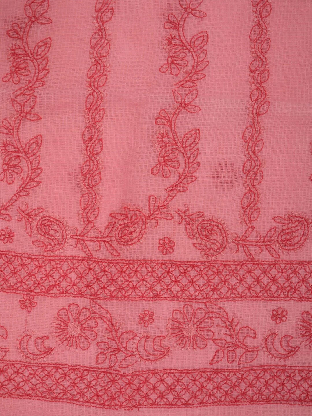 Ada Hand Embroidered Carrot Pink Kota Lucknowi Chikankari Unstitched Kurta Dupatta Set 01A127253