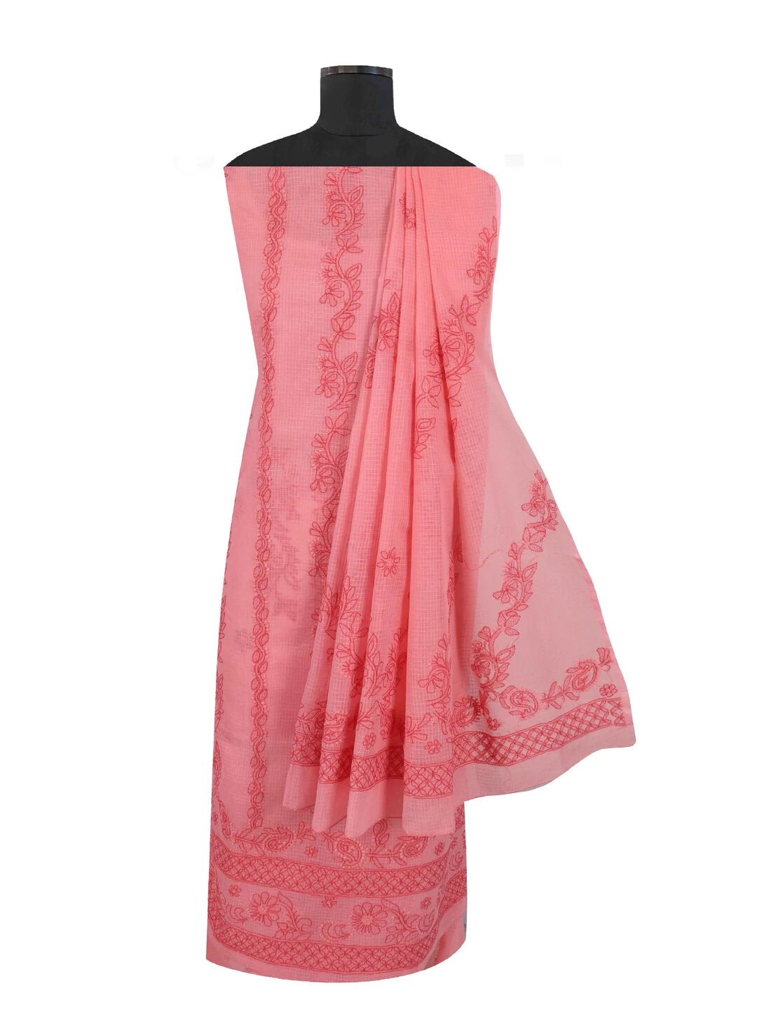 Ada Hand Embroidered Carrot Pink Kota Lucknowi Chikankari Unstitched Kurta Dupatta Set 01A127253
