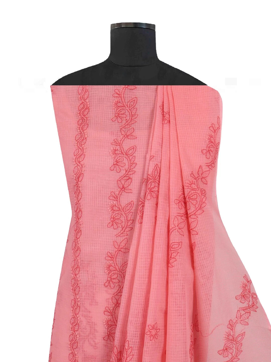 Ada Hand Embroidered Carrot Pink Kota Lucknowi Chikankari Unstitched Kurta Dupatta Set 01A127253