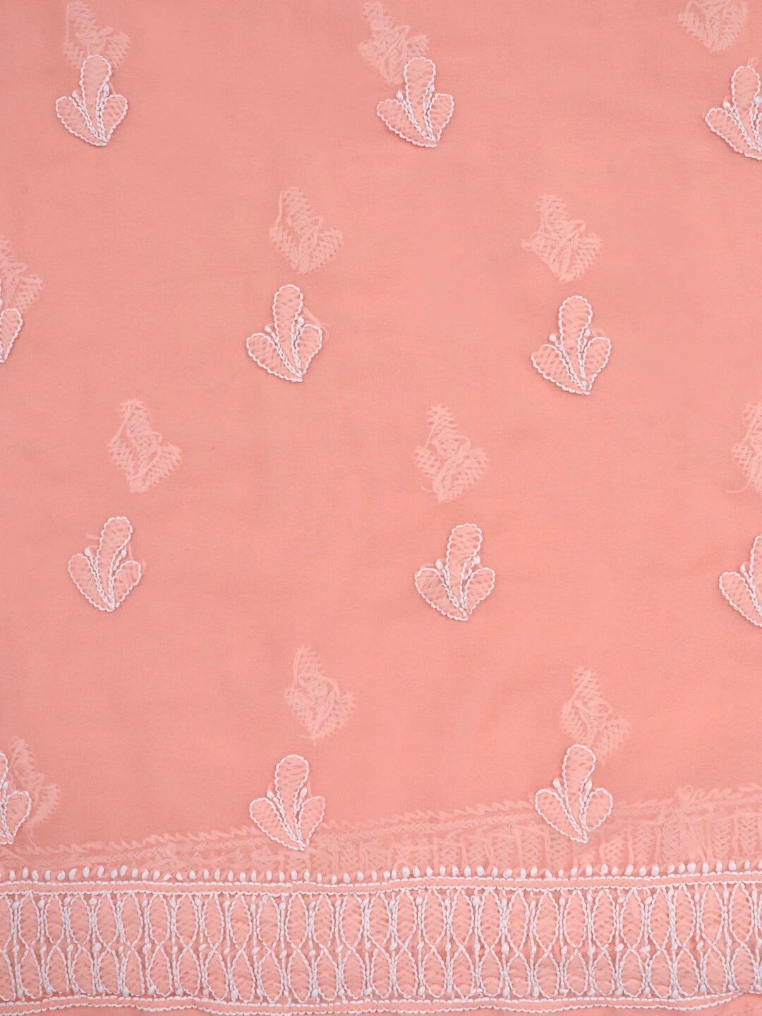 Ada Hand Embroidered Peach Georgette Lucknowi Chikankari Unstitched Kurta Dupatta Set 01A157491