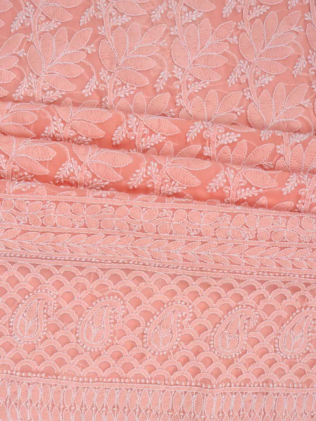 Ada Hand Embroidered Peach Georgette Lucknowi Chikankari Unstitched Kurta Dupatta Set 01A157491