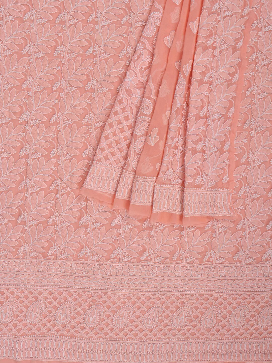 Ada Hand Embroidered Peach Georgette Lucknowi Chikankari Unstitched Kurta Dupatta Set 01A157491