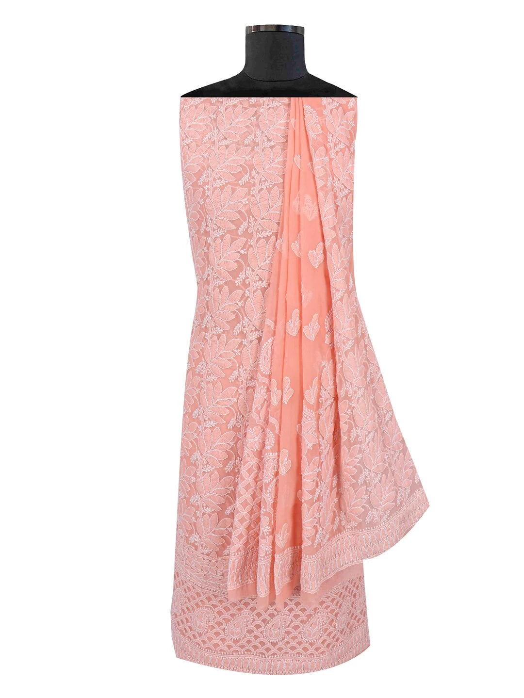 Ada Hand Embroidered Peach Georgette Lucknowi Chikankari Unstitched Kurta Dupatta Set 01A157491