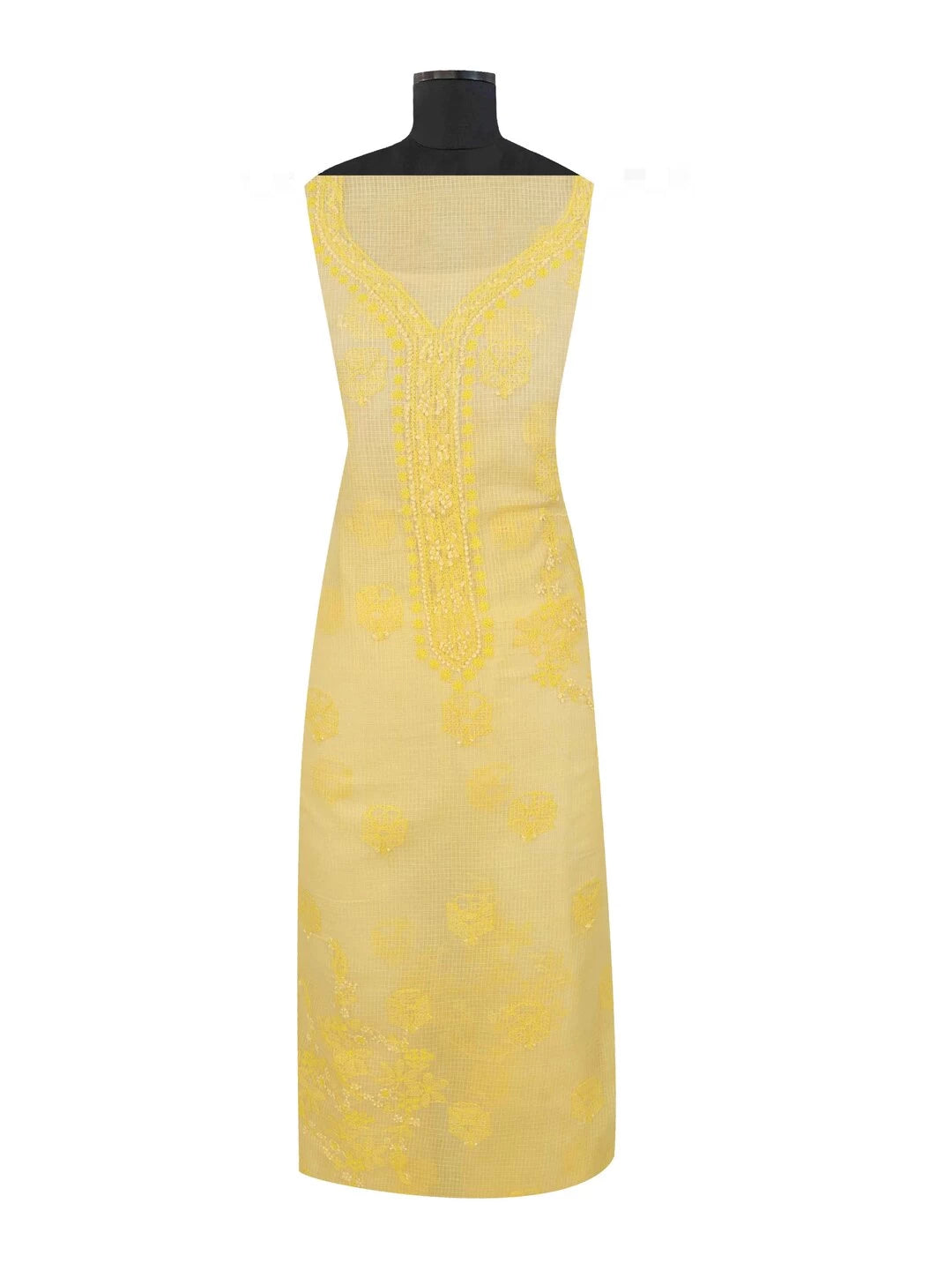 Ada Hand Embroidered Yellow Kota Lucknowi Chikankari Unstitched Kurta Dupatta Set A590497