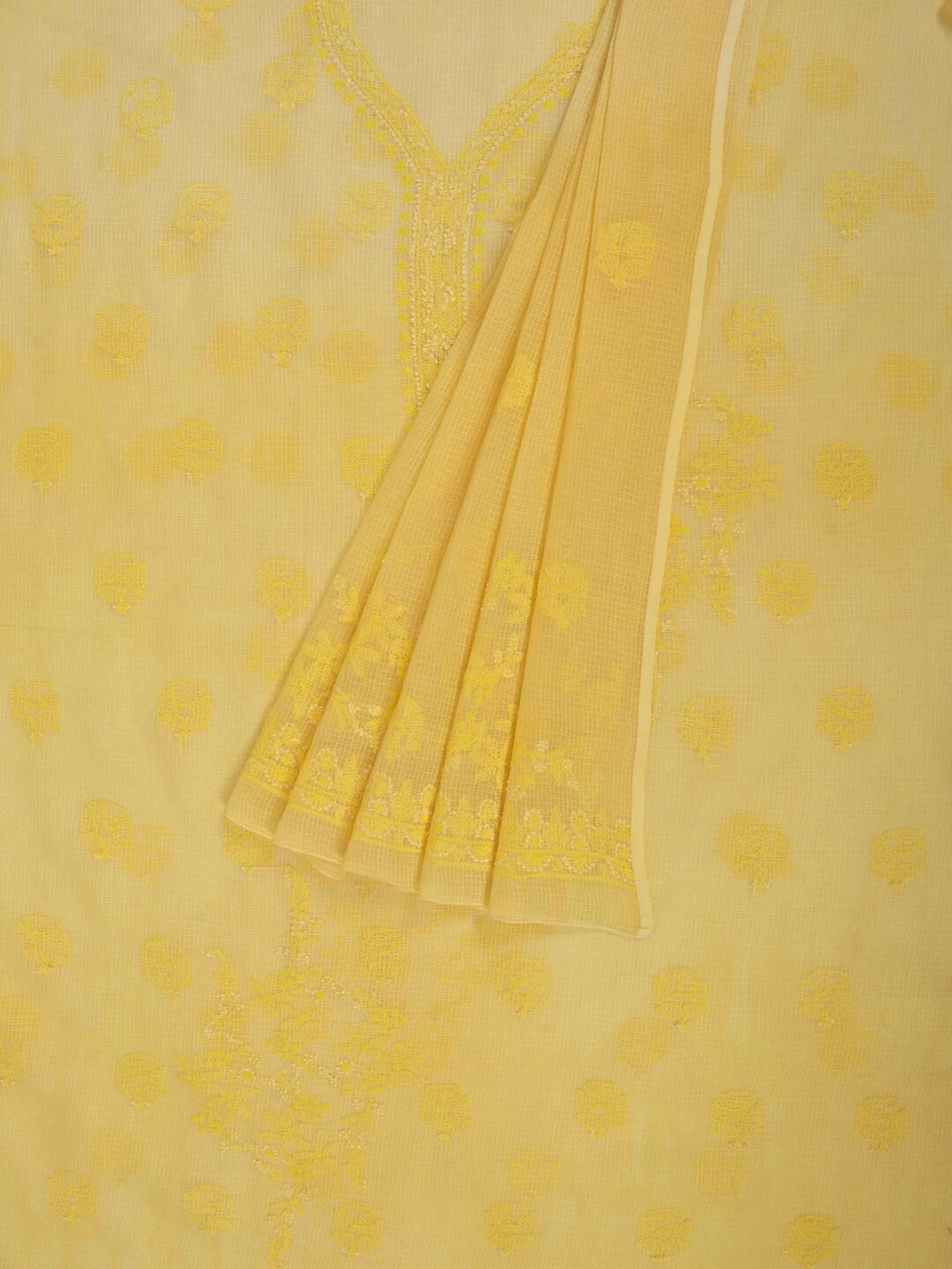 Ada Hand Embroidered Yellow Kota Lucknowi Chikankari Unstitched Kurta Dupatta Set A590497