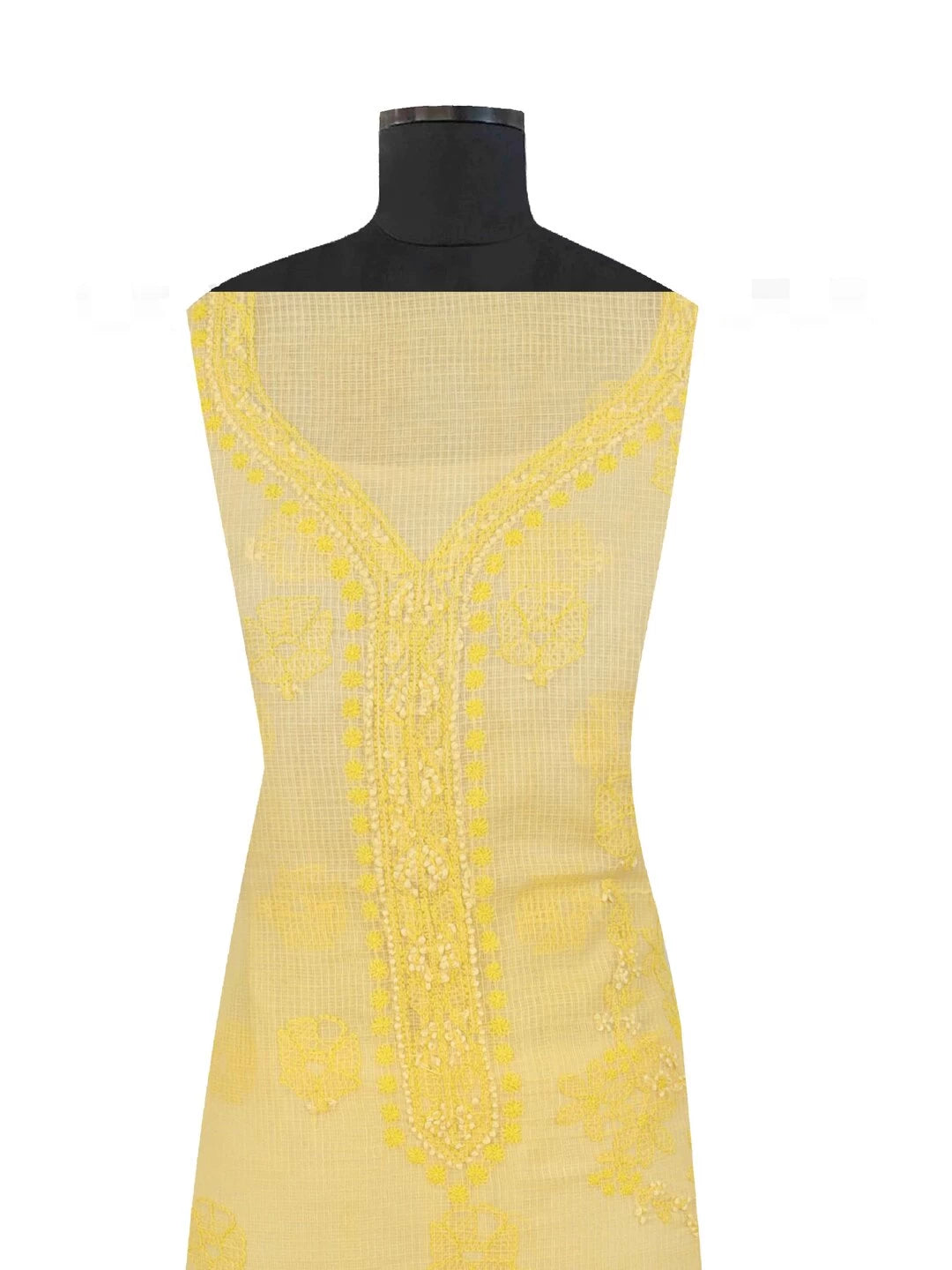 Ada Hand Embroidered Yellow Kota Lucknowi Chikankari Unstitched Kurta Dupatta Set A590497