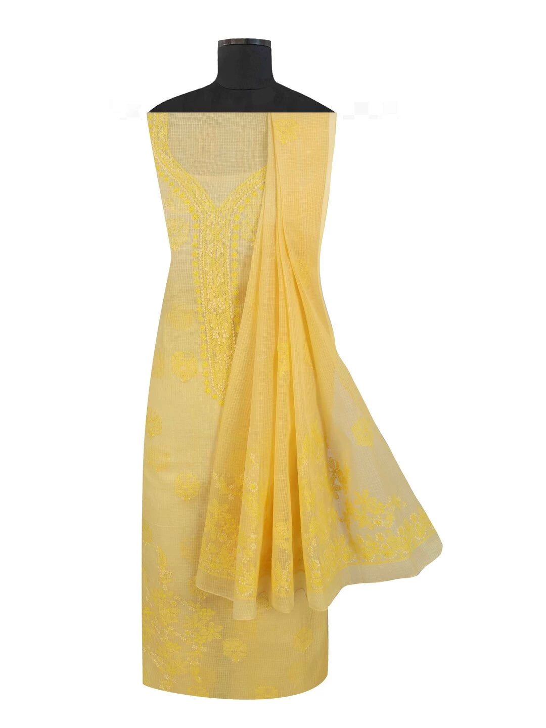 Ada Hand Embroidered Yellow Kota Lucknowi Chikankari Unstitched Kurta Dupatta Set A590497