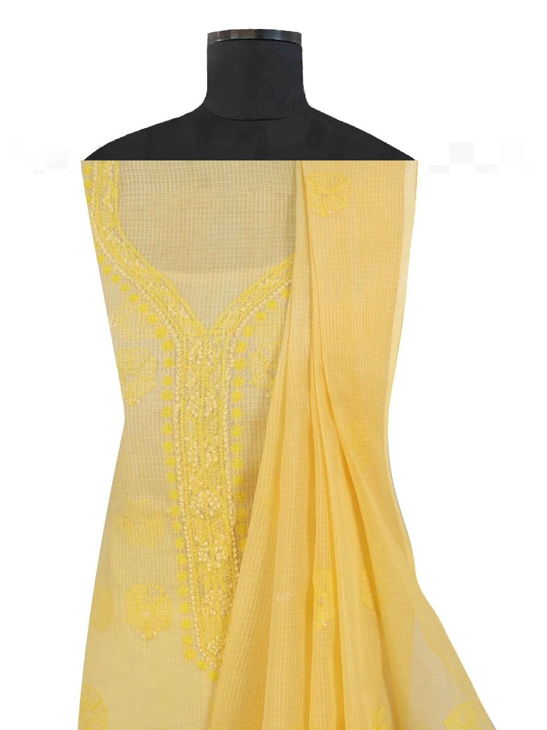Ada Hand Embroidered Yellow Kota Lucknowi Chikankari Unstitched Kurta Dupatta Set A590497