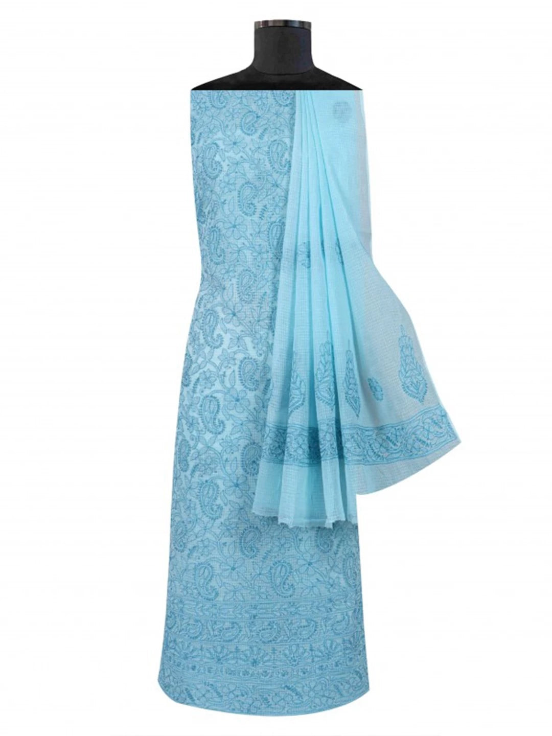 Ada Hand Embroidered Sky Blue Kota Lucknowi Chikankari Unstitched Kurta Dupatta Set 01A219579
