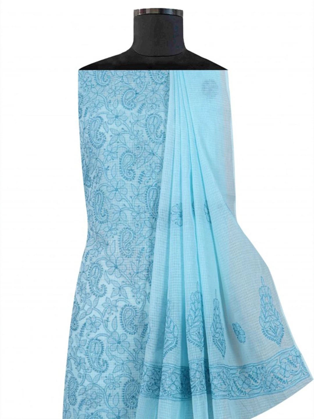Ada Hand Embroidered Sky Blue Kota Lucknowi Chikankari Unstitched Kurta Dupatta Set 01A219579