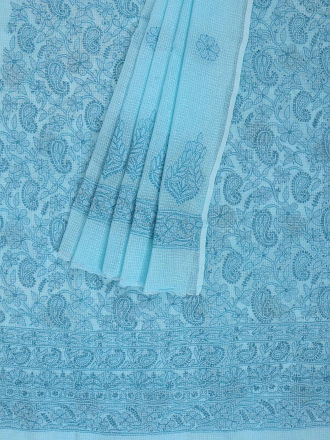 Ada Hand Embroidered Sky Blue Kota Lucknowi Chikankari Unstitched Kurta Dupatta Set 01A219579