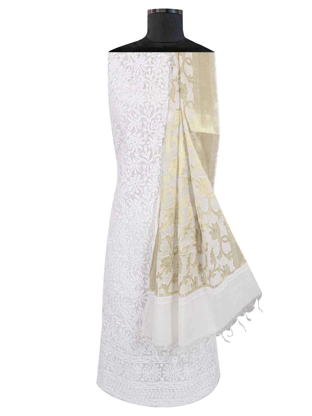 Ada Hand Embroidered White Chanderi Lucknowi Chikankari Unstitched Kurta Dupatta Set 01A157584