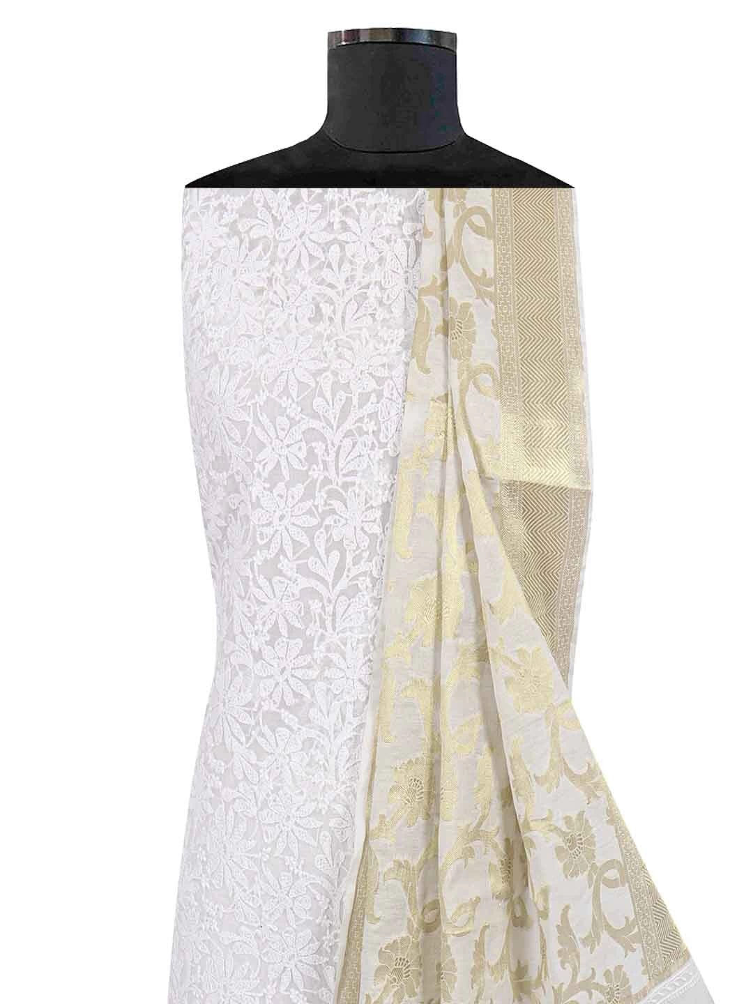 Ada Hand Embroidered White Chanderi Lucknowi Chikankari Unstitched Kurta Dupatta Set 01A157584