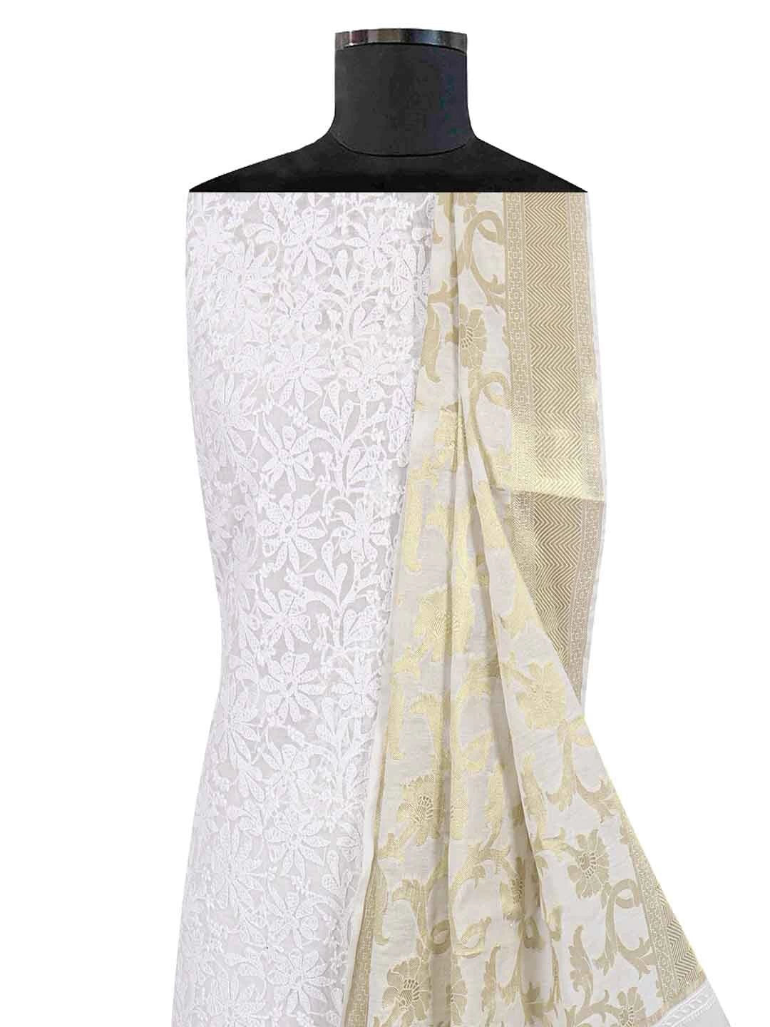 Ada Hand Embroidered White Chanderi Lucknowi Chikankari Unstitched Kurta Dupatta Set 01A157584