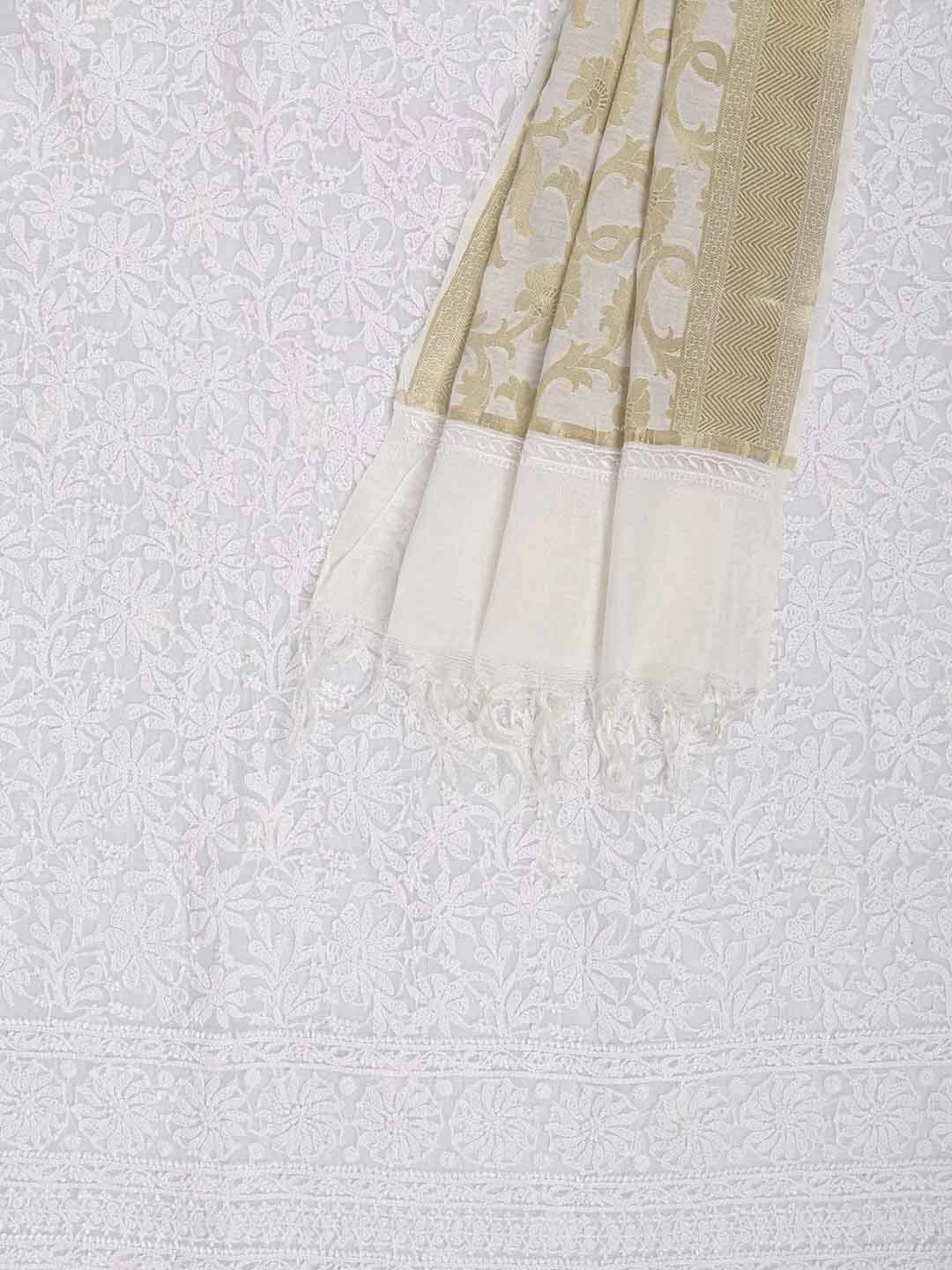 Ada Hand Embroidered White Chanderi Lucknowi Chikankari Unstitched Kurta Dupatta Set 01A157584