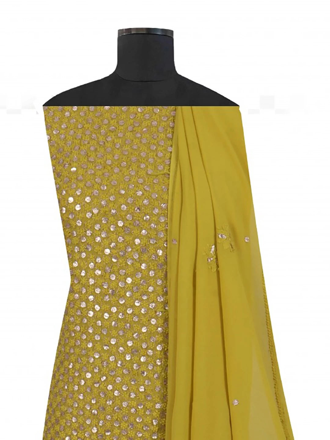 Ada Hand Embroidered Sheen Green Georgette Lucknowi Chikankari Unstitched Kurta Dupatta Set With Gota Patti Work 01A185002