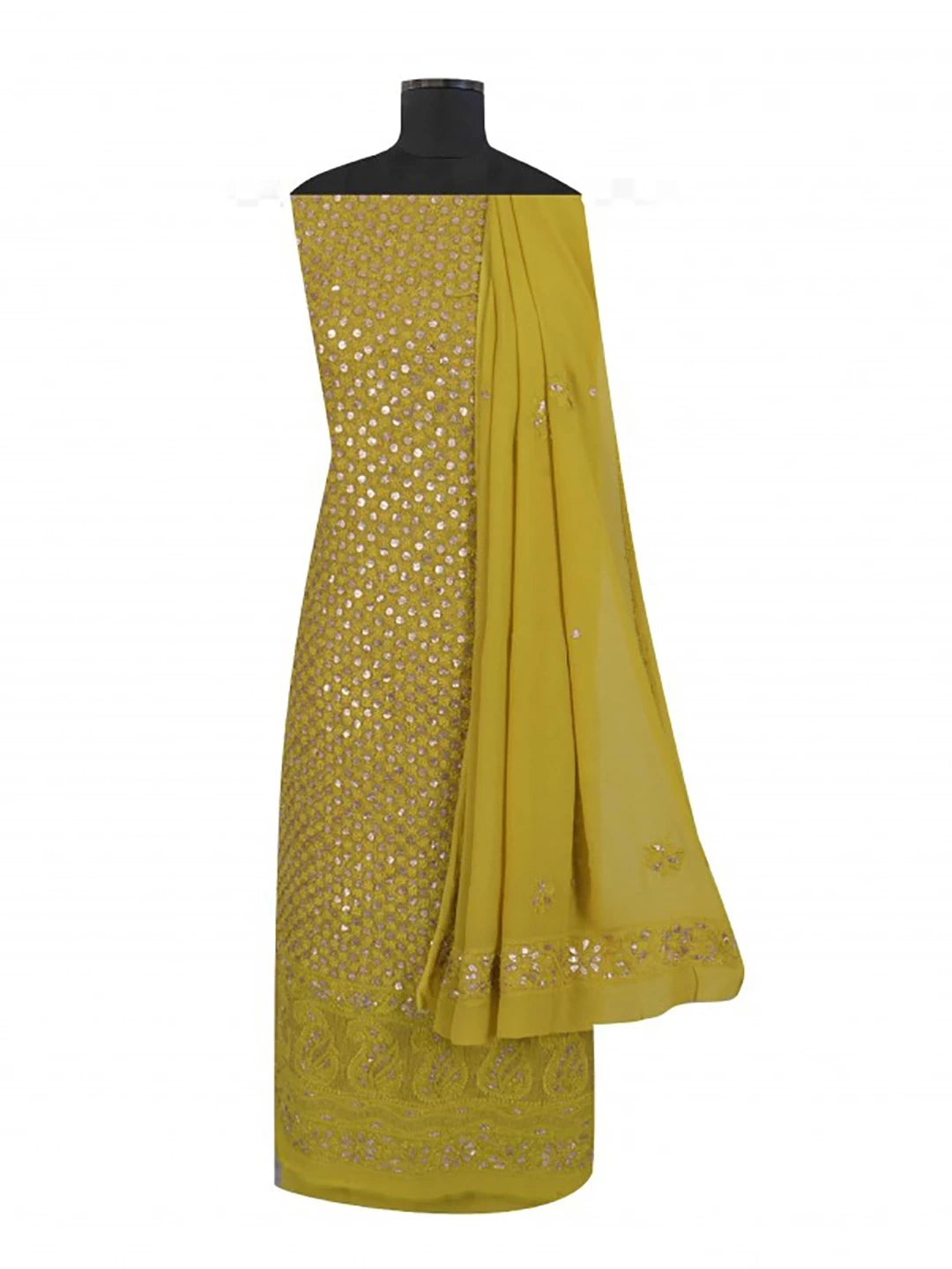 Ada Hand Embroidered Sheen Green Georgette Lucknowi Chikankari Unstitched Kurta Dupatta Set With Gota Patti Work 01A185002