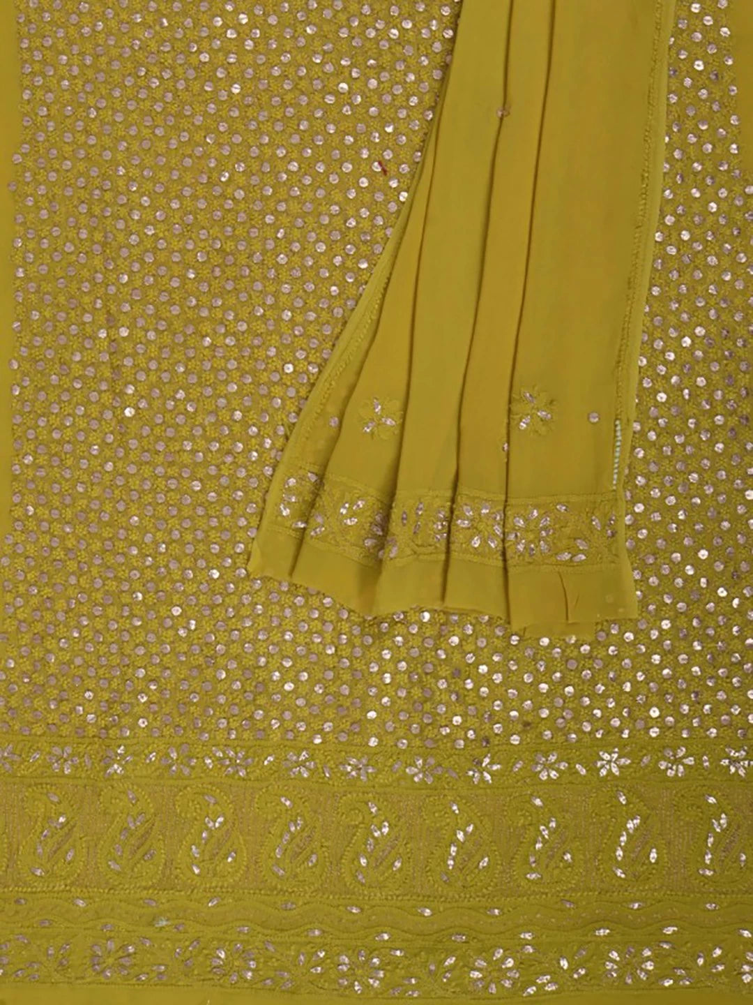 Ada Hand Embroidered Sheen Green Georgette Lucknowi Chikankari Unstitched Kurta Dupatta Set With Gota Patti Work 01A185002