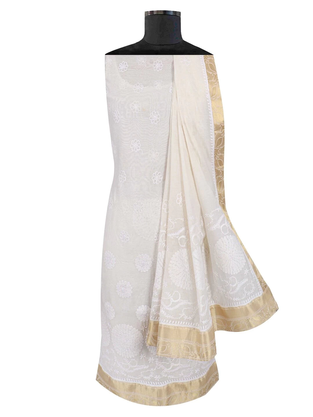 Ada Hand Embroidered Cream Chanderi Lucknowi Chikankari Unstitched Kurta Dupatta Set 01A185708
