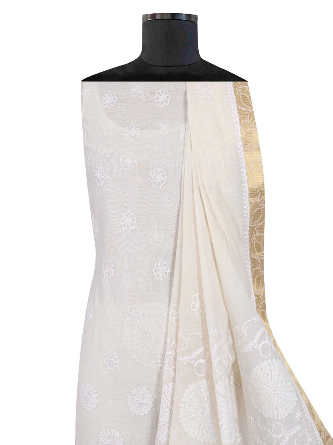 Ada Hand Embroidered Cream Chanderi Lucknowi Chikankari Unstitched Kurta Dupatta Set 01A185708