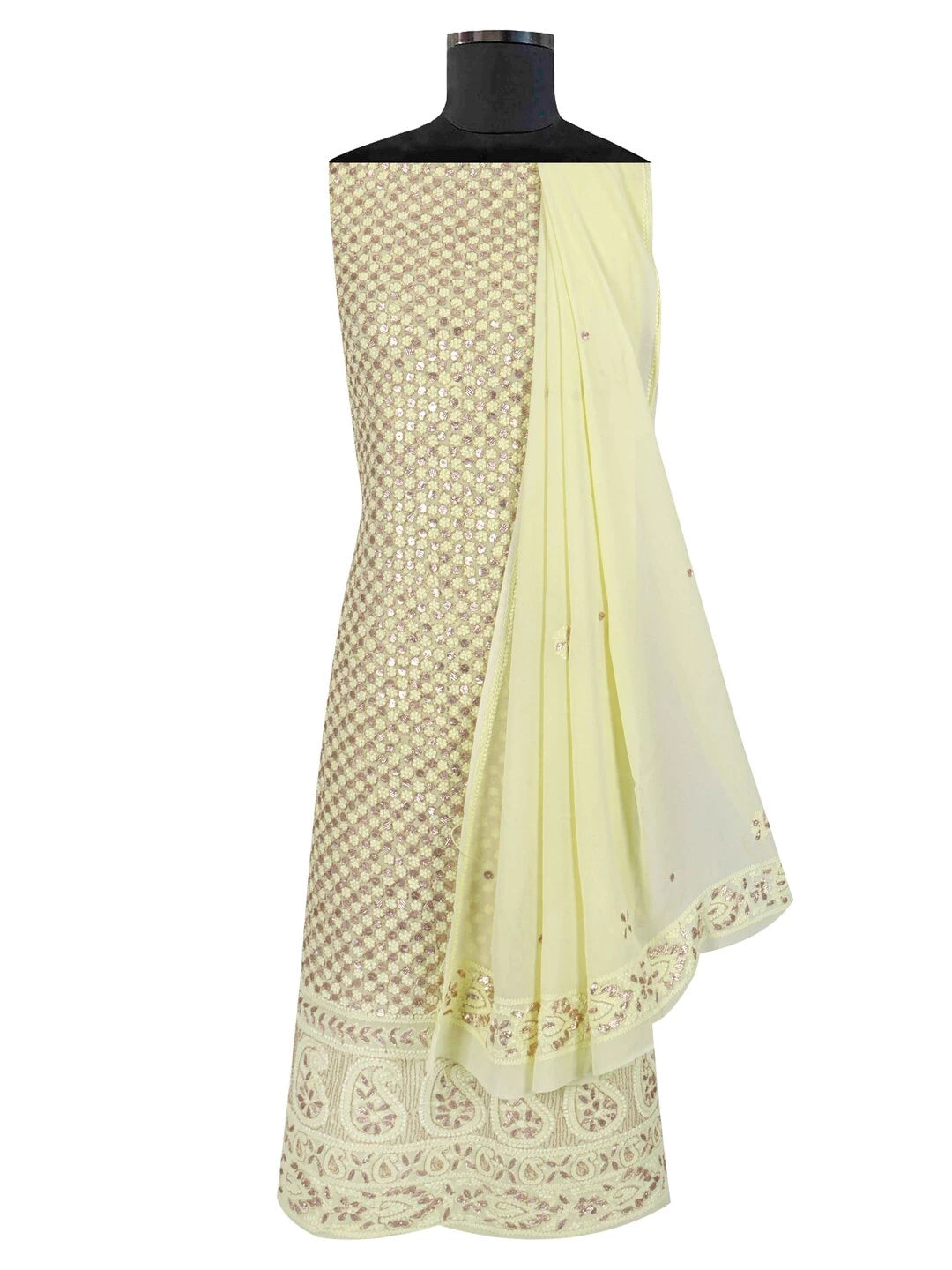 Ada Hand Embroidered Lemon Georgette Lucknowi Chikankari Unstitched Kurta Dupatta Set With Gota Patti Work 01A205669