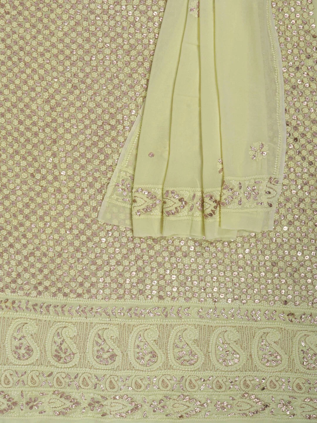Ada Hand Embroidered Lemon Georgette Lucknowi Chikankari Unstitched Kurta Dupatta Set With Gota Patti Work 01A205669