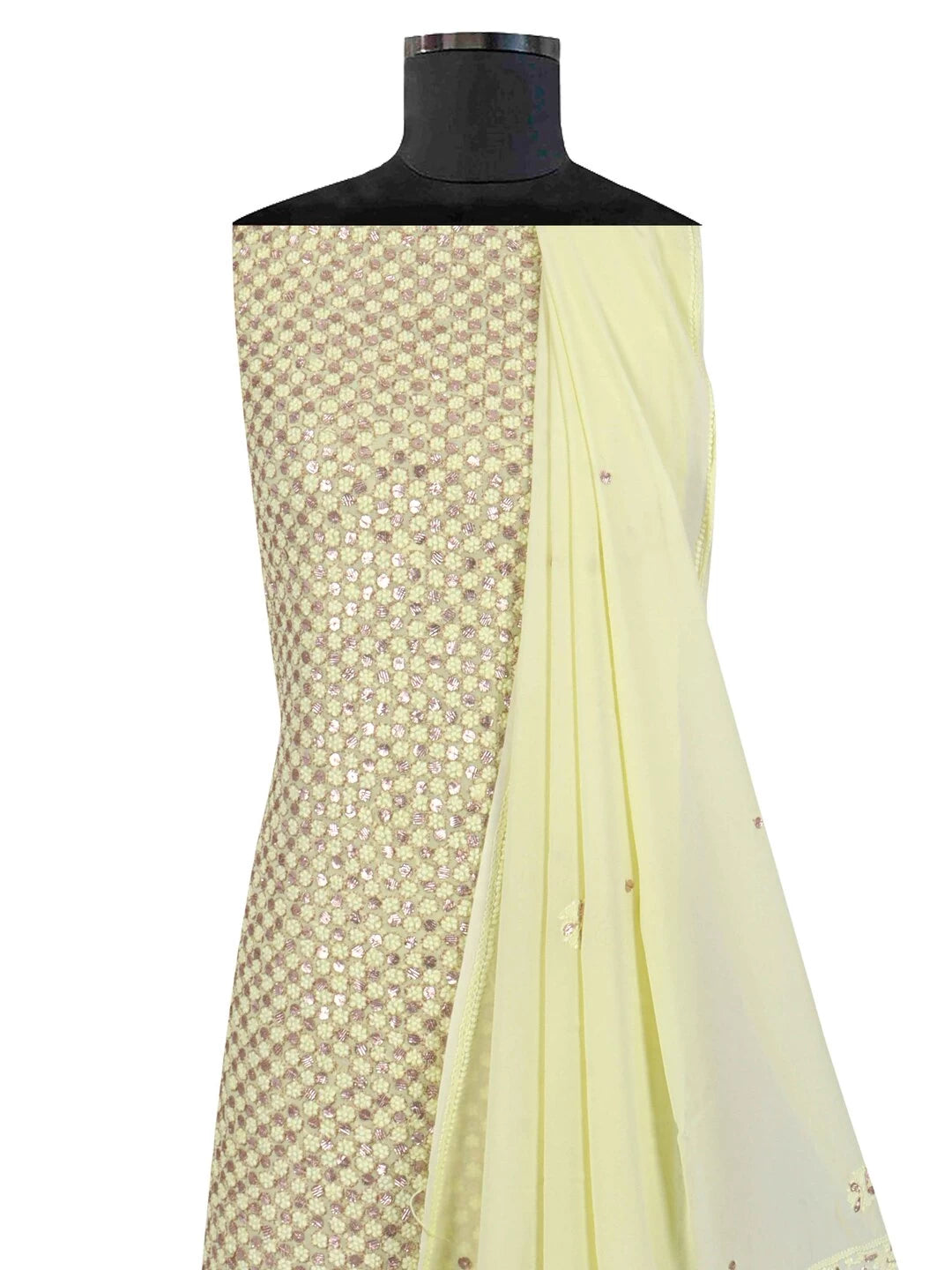 Ada Hand Embroidered Lemon Georgette Lucknowi Chikankari Unstitched Kurta Dupatta Set With Gota Patti Work 01A205669