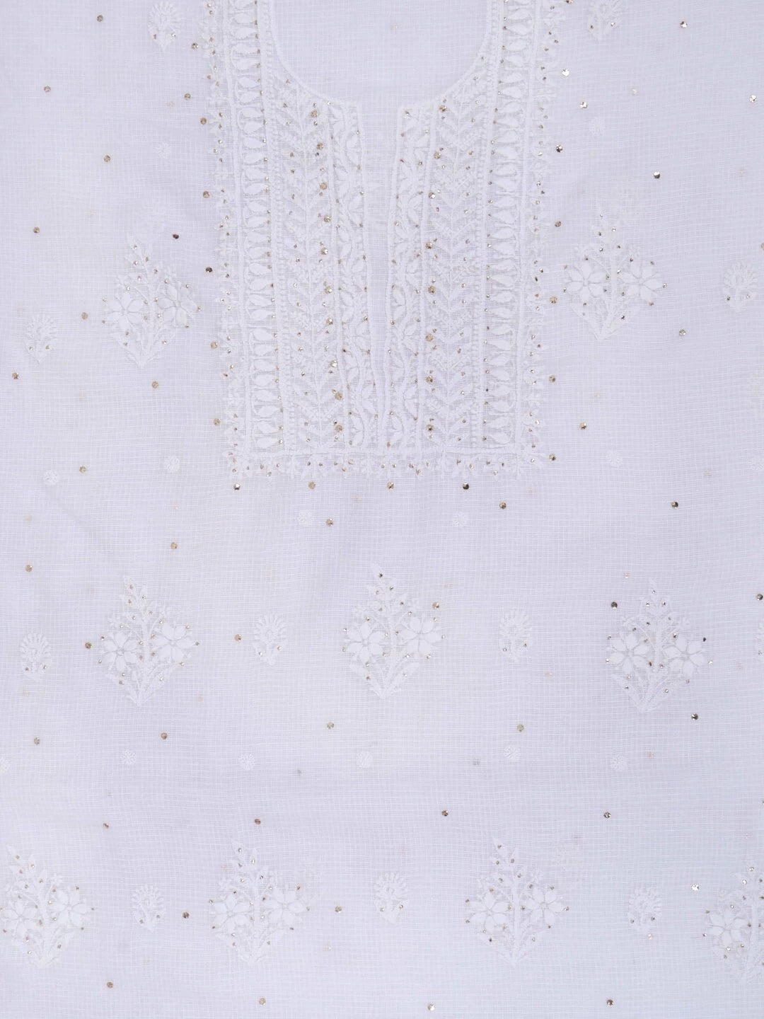 Ada Hand Embroidered White Kota Lucknowi Chikankari Unstitched Kurta Dupatta Set With Muqaish Work 01A208999