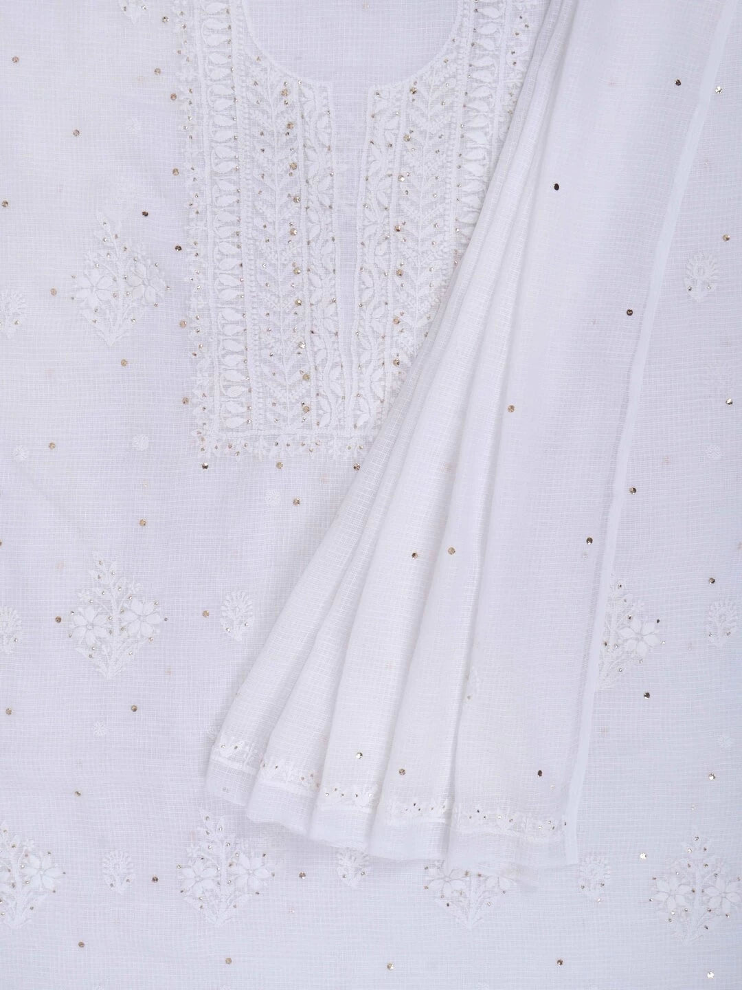 Ada Hand Embroidered White Kota Lucknowi Chikankari Unstitched Kurta Dupatta Set With Muqaish Work 01A208999