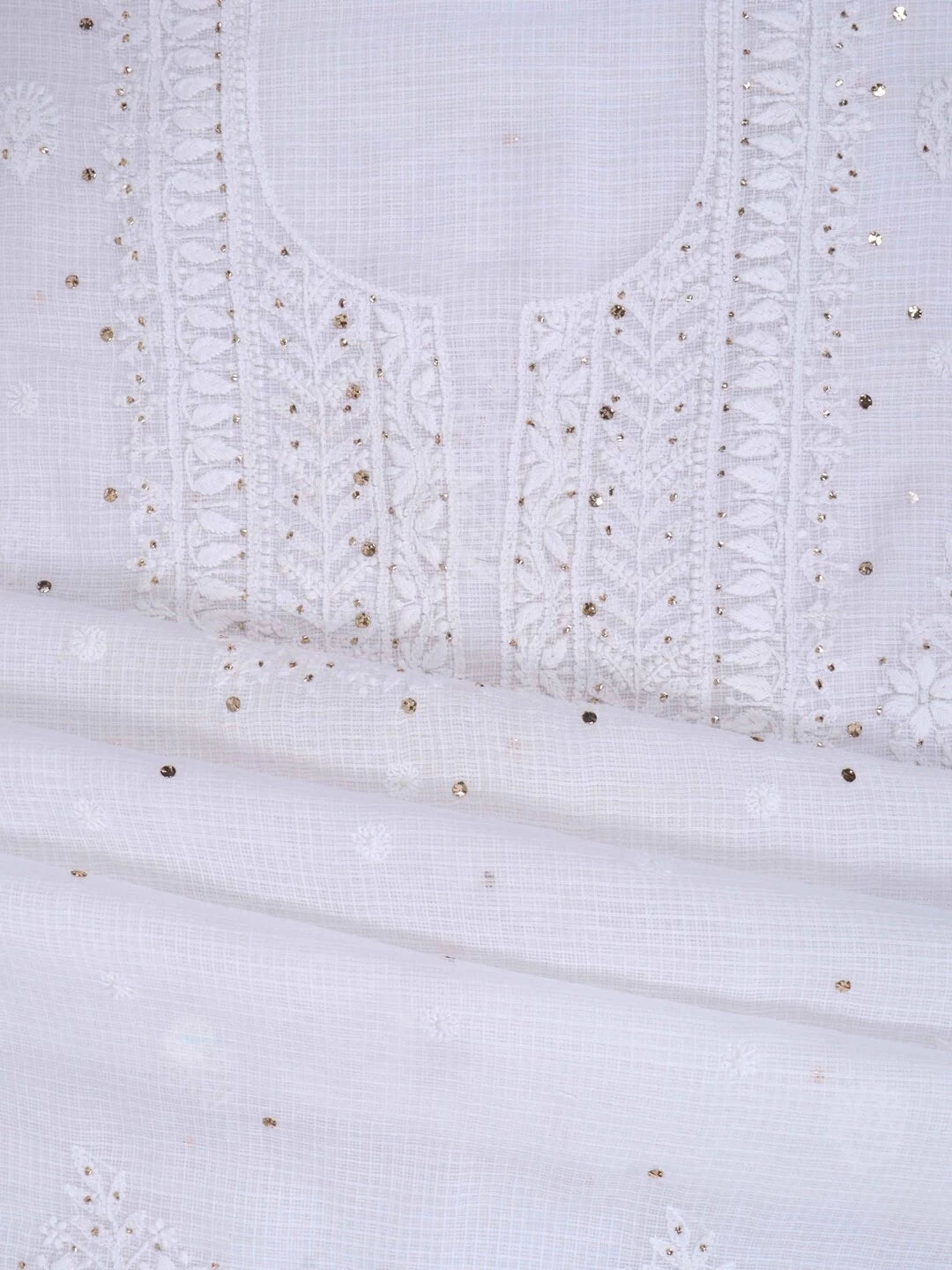 Ada Hand Embroidered White Kota Lucknowi Chikankari Unstitched Kurta Dupatta Set With Muqaish Work 01A208999