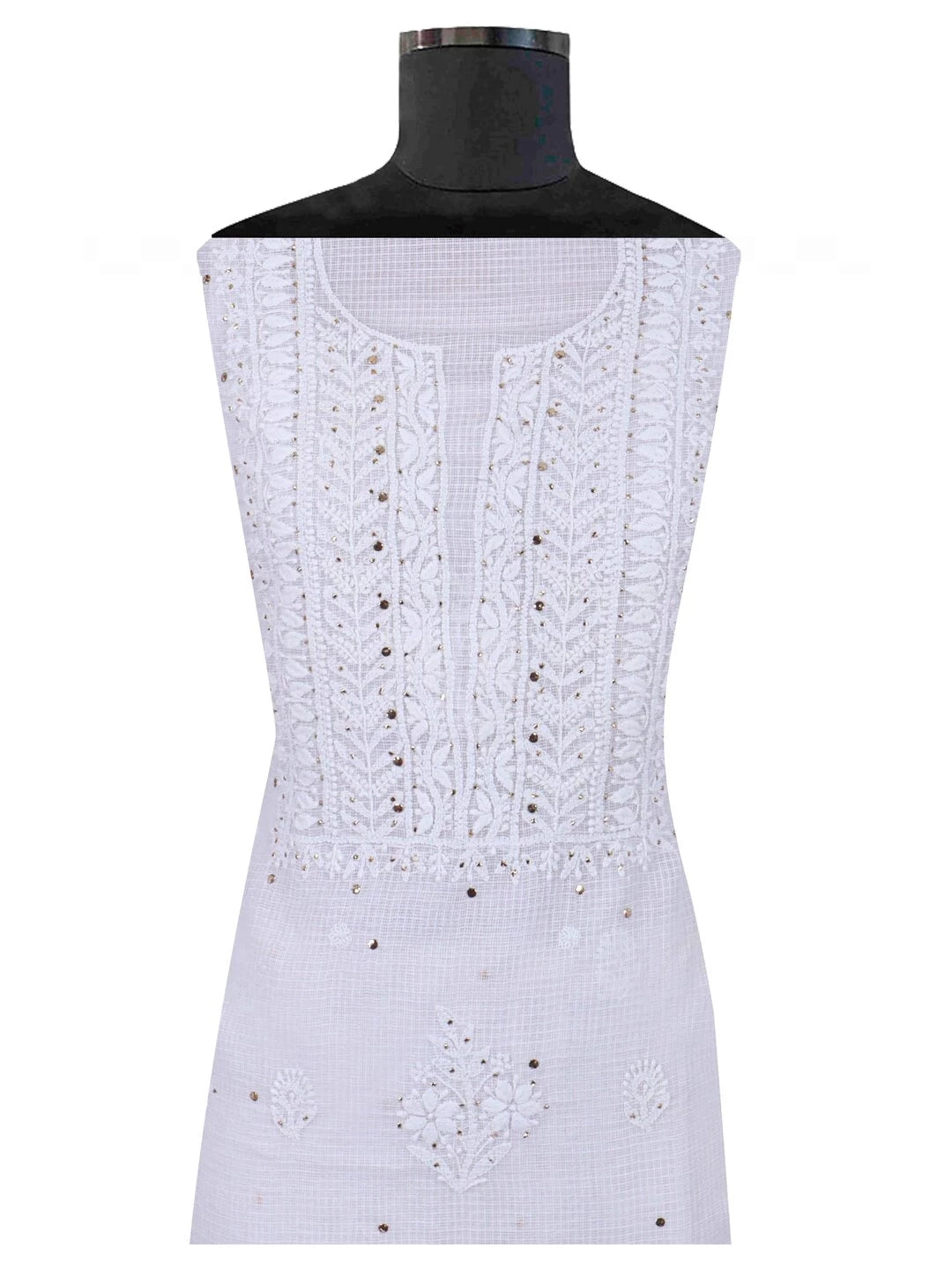Ada Hand Embroidered White Kota Lucknowi Chikankari Unstitched Kurta Dupatta Set With Muqaish Work 01A208999