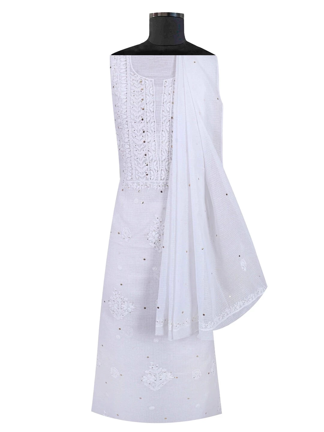 Ada Hand Embroidered White Kota Lucknowi Chikankari Unstitched Kurta Dupatta Set With Muqaish Work 01A208999