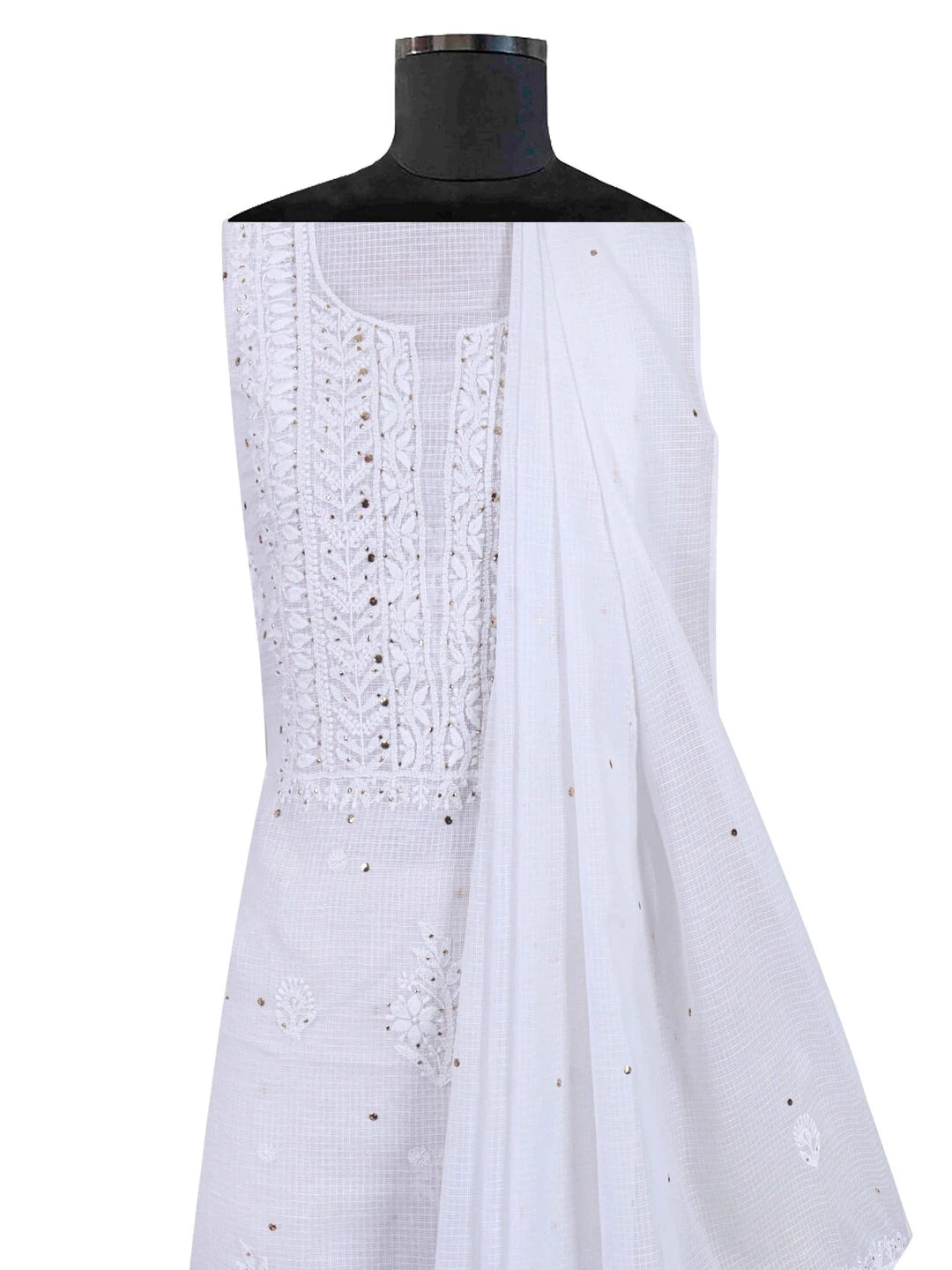 Ada Hand Embroidered White Kota Lucknowi Chikankari Unstitched Kurta Dupatta Set With Muqaish Work 01A208999