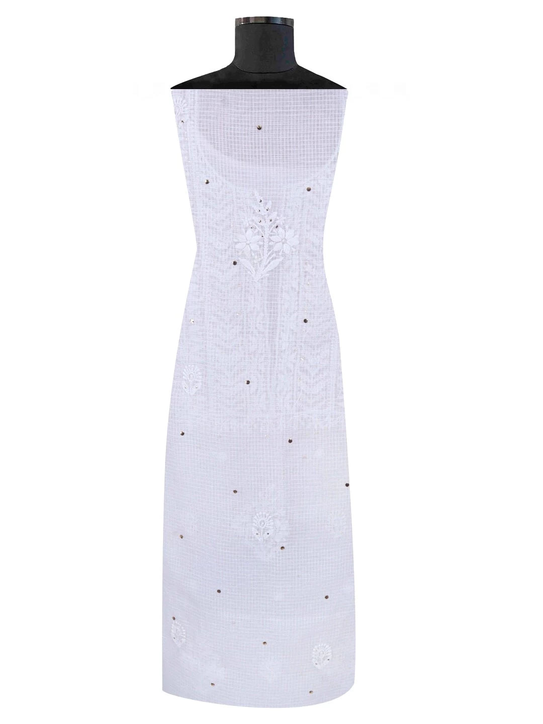 Ada Hand Embroidered White Kota Lucknowi Chikankari Unstitched Kurta Dupatta Set With Muqaish Work 01A208999