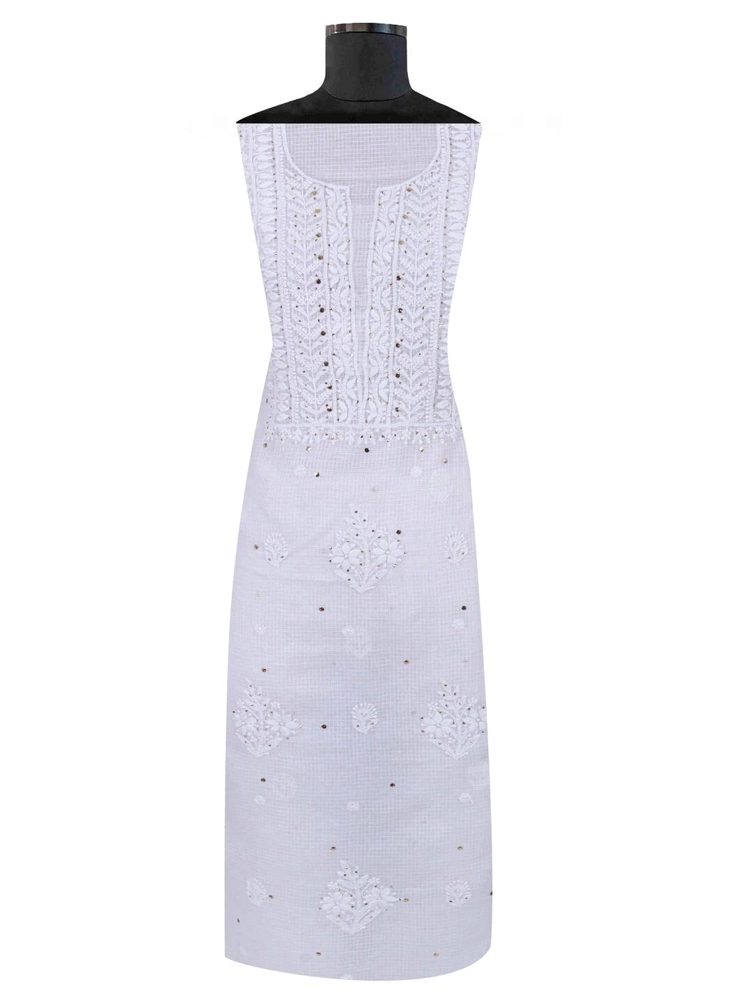 Ada Hand Embroidered White Kota Lucknowi Chikankari Unstitched Kurta Dupatta Set With Muqaish Work 01A208999