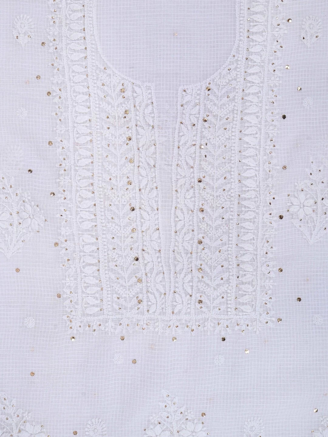 Ada Hand Embroidered White Kota Lucknowi Chikankari Unstitched Kurta Dupatta Set With Muqaish Work 01A208999
