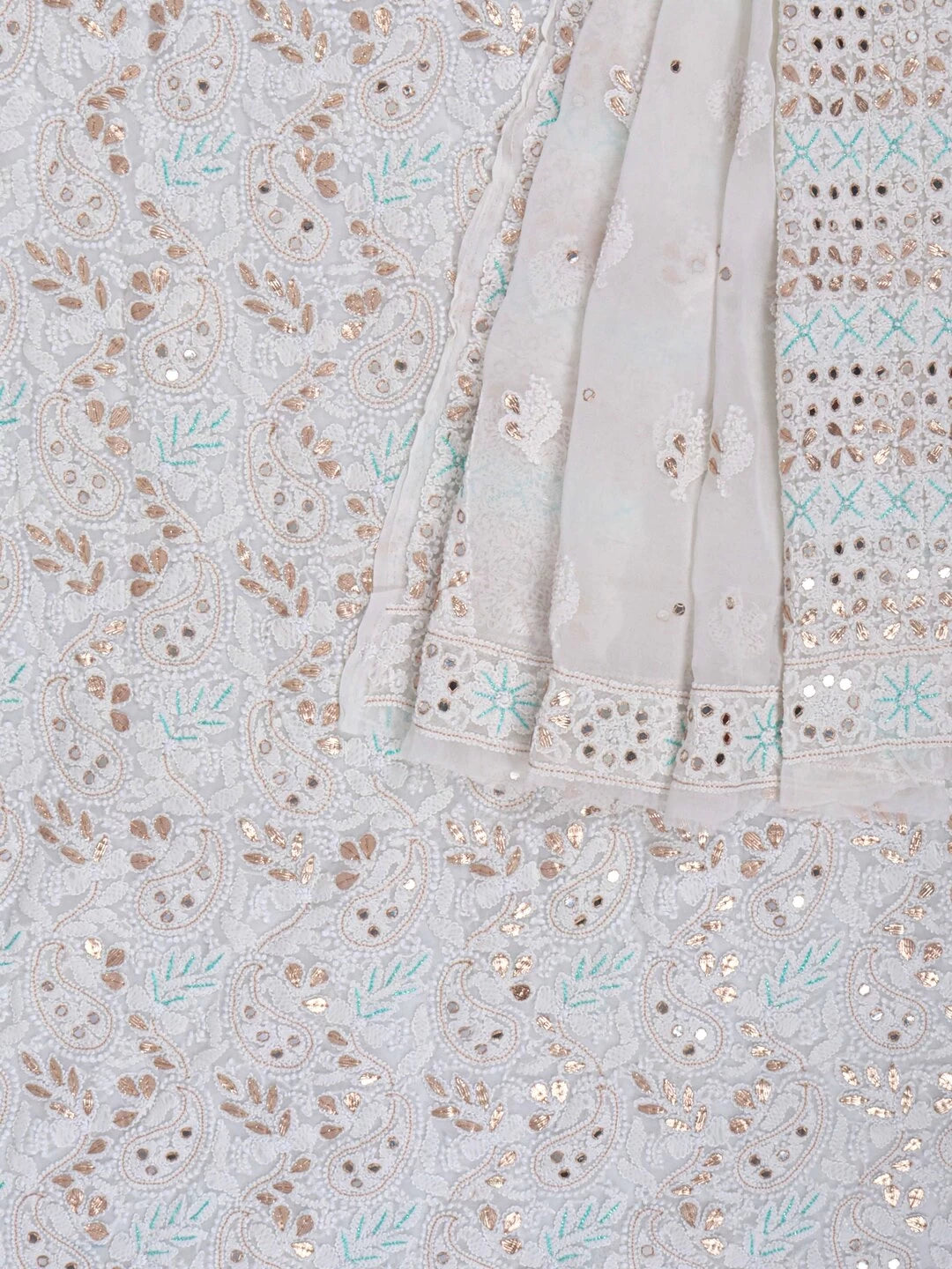 Ada Hand Embroidered White Georgette Lucknowi Chikankari Unstitched Kurta Dupatta Set With Gota Patti Work 01A184256