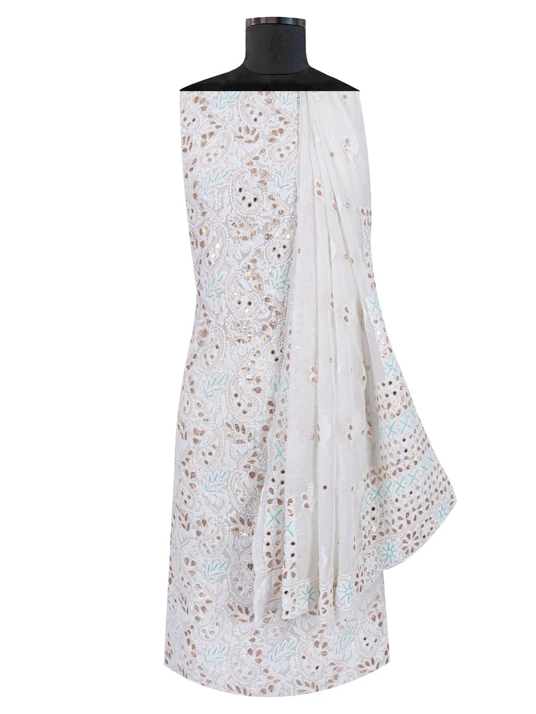 Ada Hand Embroidered White Georgette Lucknowi Chikankari Unstitched Kurta Dupatta Set With Gota Patti Work 01A184256