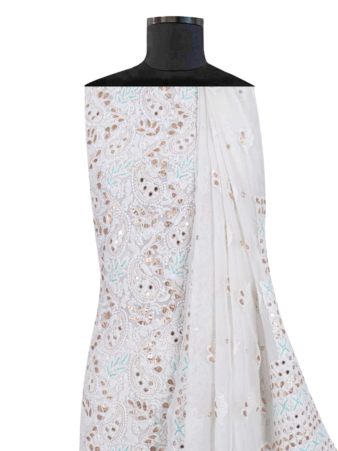 Ada Hand Embroidered White Georgette Lucknowi Chikankari Unstitched Kurta Dupatta Set With Gota Patti Work 01A184256