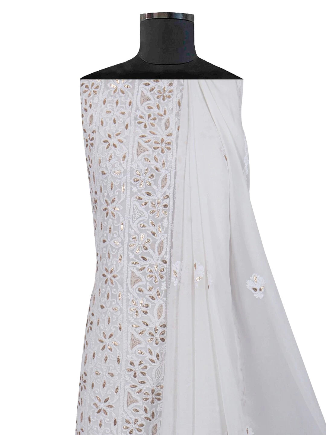 Ada Hand Embroidered White Georgette Lucknowi Chikankari Unstitched Kurta Dupatta Set With Gota Patti Work 01A180865