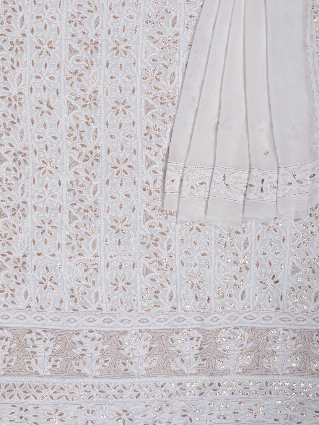 Ada Hand Embroidered White Georgette Lucknowi Chikankari Unstitched Kurta Dupatta Set With Gota Patti Work 01A180865