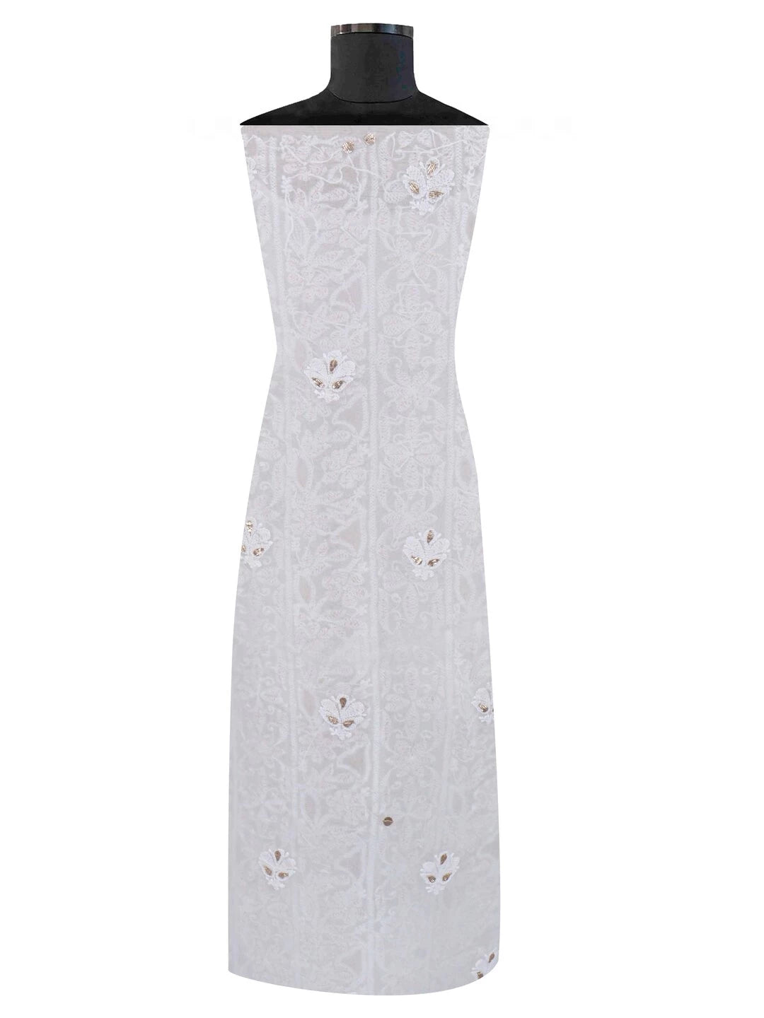 Ada Hand Embroidered White Georgette Lucknowi Chikankari Unstitched Kurta Dupatta Set With Gota Patti Work 01A180865