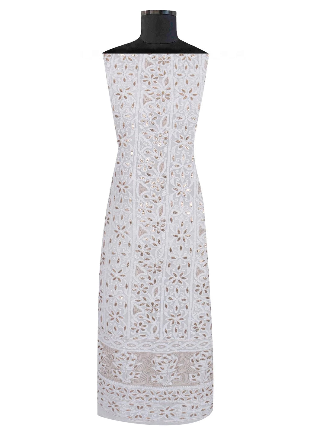 Ada Hand Embroidered White Georgette Lucknowi Chikankari Unstitched Kurta Dupatta Set With Gota Patti Work 01A180865