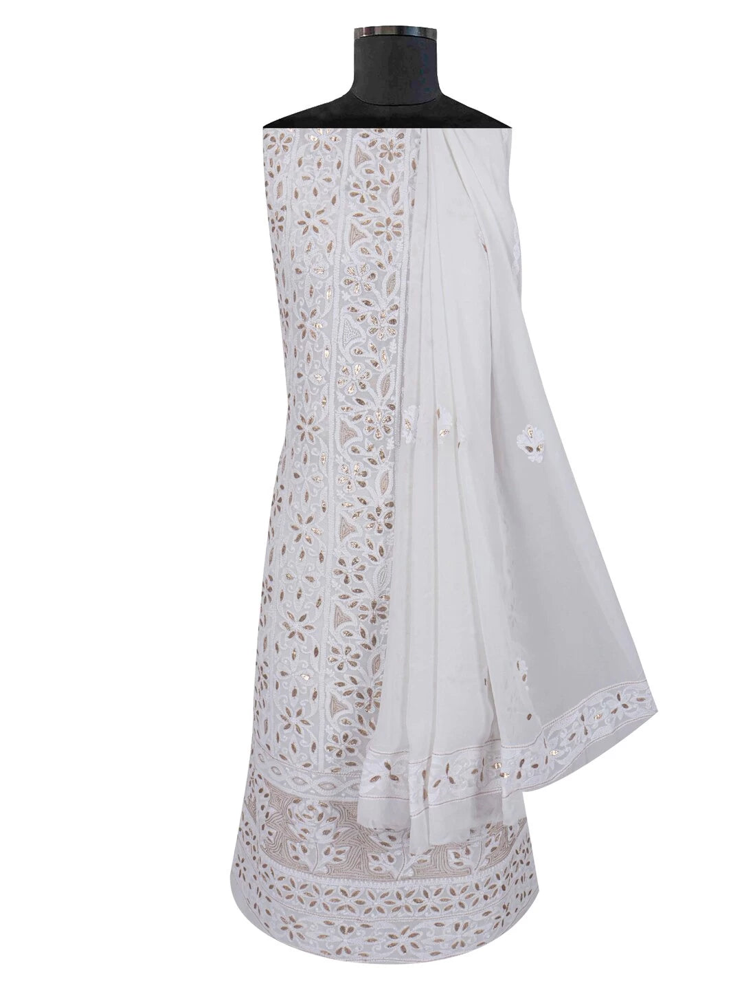 Ada Hand Embroidered White Georgette Lucknowi Chikankari Unstitched Kurta Dupatta Set With Gota Patti Work 01A180865