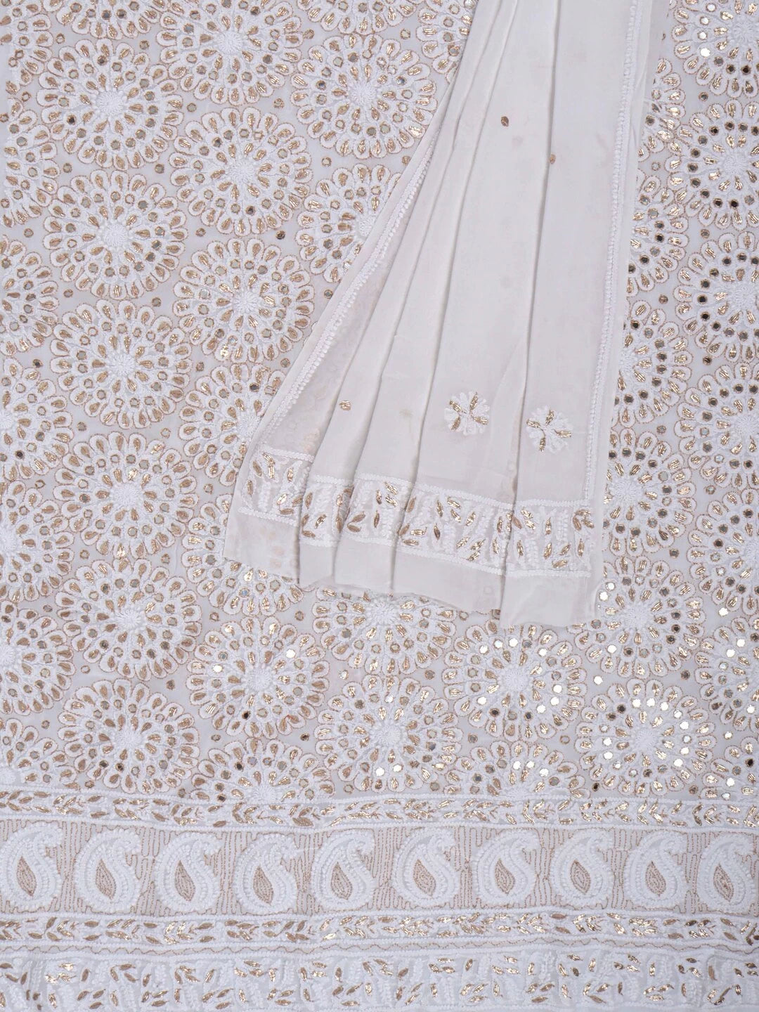 Ada Hand Embroidered White Georgette Lucknowi Chikankari Unstitched Kurta Dupatta Set With Gota Patti Work 01A189137